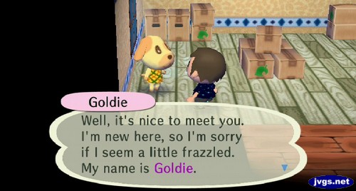 Goldie: Well, it's nice to meet you. I'm new here, so I'm sorry if I seem a little frazzled. My name is Goldie.