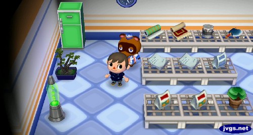 Three green furniture items on sale at Nook's shop, including a green lava lamp, bonsai, and green refrigerator.