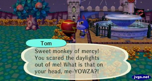 Tom: Sweet monkey of mercy! You scared the daylights out of me! What is that on your head, me-YOWZA?!