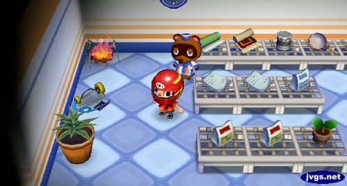 The selection in Nook's shop: a campfire, a sprinkler, and a plant in a pot of dirt.