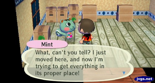Mint: What, can't you tell? I just moved here, and now I'm trying to get everything in its proper place!