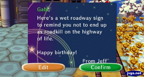 Gabi, Here's a wet roadway sign to remind you not to end up as roadkill on the highway of life. Happy birthday! -From Jeff