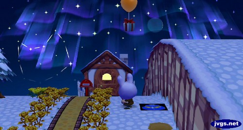 Jeff the bunny prepares to shoot down a balloon present underneath the northern lights (aurora borealis) in Animal Crossing: City Folk.