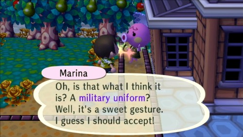 Marina: Oh, is that what I think it is? A military uniform? Well, it's a sweet gesture. I guess I should accept!