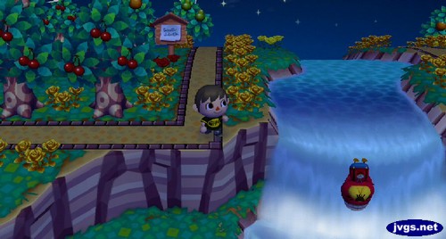 Pascal goes over the waterfall in Animal Crossing: City Folk.
