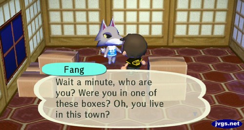 Fang: Wait a minute, who are you? Were you in one of these boxes? Oh, you live in this town?