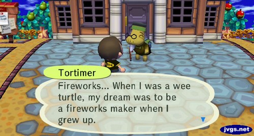 Tortimer: Fireworks... When I was a wee turtle, my dream was to be a fireworks maker when I grew up.