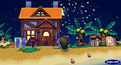 Jeff watches fireworks near a house in Animal Crossing: City Folk.