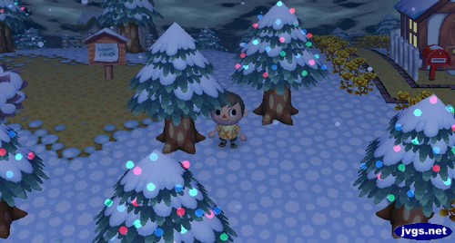 Seven decorated trees on-screen at once in Animal Crossing: City Folk.
