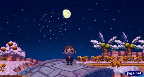 Watching fireworks bring in the new year in Animal Crossing: City Folk.