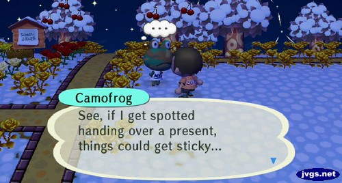 Camofrog: See, if I get spotted handing over a present, things could get sticky...