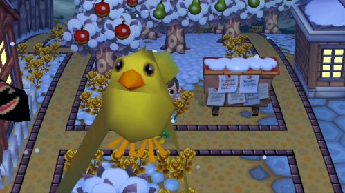 The bulletin board bird flies toward the camera in Animal Crossing: City Folk.