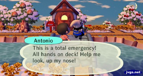 Antonio: This is a total emergency! All hands on deck! Help me look, up my nose!