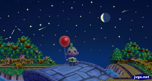 Two shooting stars fly overhead.