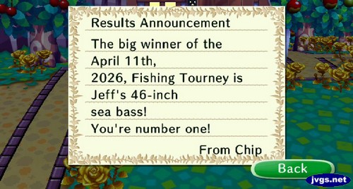 Results Announcement: The big winner of the April 11th, 2026, Fishing Tourney is Jeff's 46-inch sea bass! You're number one! -From Chip