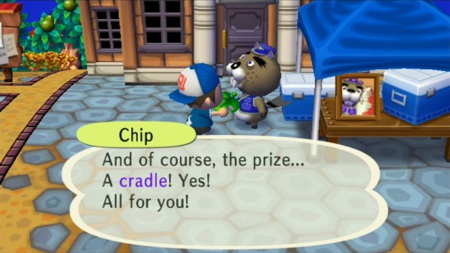 Chip: And of course, the prize... A cradle! Yes! All for you!