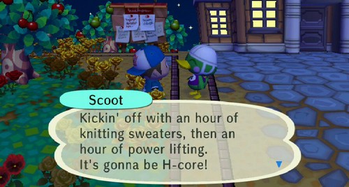 Scoot: Kickin' off with an hour of knitting sweaters, then an hour of power lifting. It's gonna be H-core!