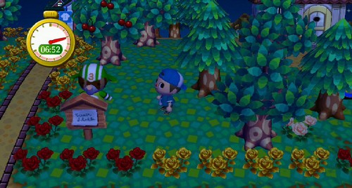 Big Top tries to hide behind a sign post.