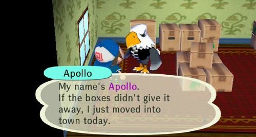 Apollo: My name's Apollo. If the boex didn't give it away, I just moved into town today.