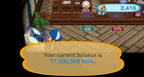 Your current balance is 77,000,000 bells.
