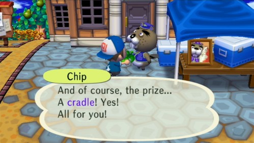 Chip: And of course, the prize... A cradle! Yes! All for you!
