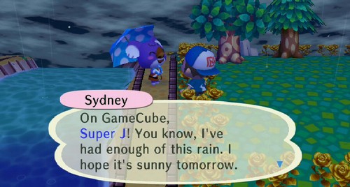 Sydney: On GameCube, Super J! You know, I've had enough of this rain. I hope it's sunny tomorrow.