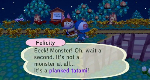 Felicity: Eeek! Monster! Oh, wait a second. It's not a monster at all... It's a planked tatami!