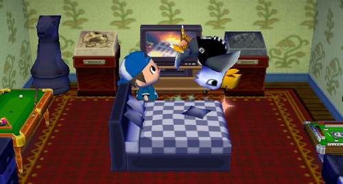 Apollo flips as he takes his medicine in Animal Crossing: City Folk.