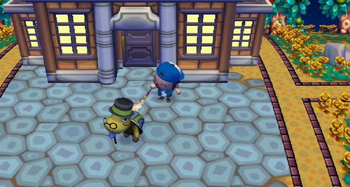 Lighting up Tortimer's shell with a Roman candle in Animal Crossing: City Folk.
