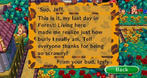 'Sup, Jeff, This is it, my last day in Forest! Living here made me realize just how burly I really am. Tell everyone thanks for being so scrawny! From your bud, Iggly