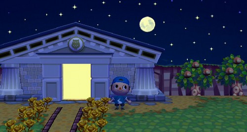 The autumn moon appears over the museum in Animal Crossing: City Folk (ACCF) for Wii.