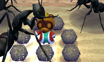 Giant ants go after some massive cake in Animal Crossing: Happy Home Designer.