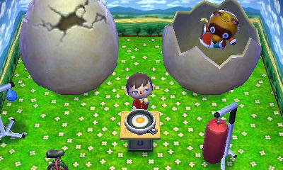 I threaten to drop Tom Nook into a hollow large egg in Animal Crossing: Happy Home Designer.