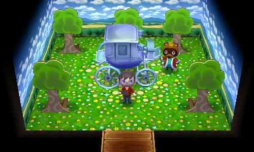 A carriage rides down a tree-lined meadow path in Happy Home Designer.