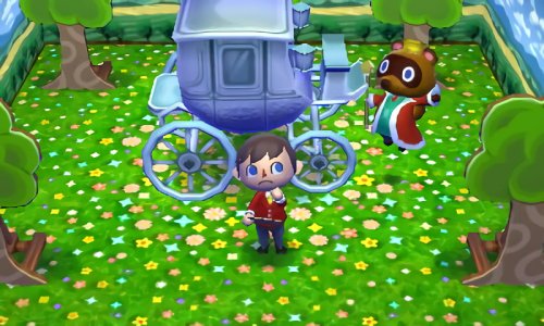 A carriage runs over Tom Nook in Happy Home Designer.