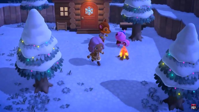 Winter scene in Animal Crossing: New Horizons.
