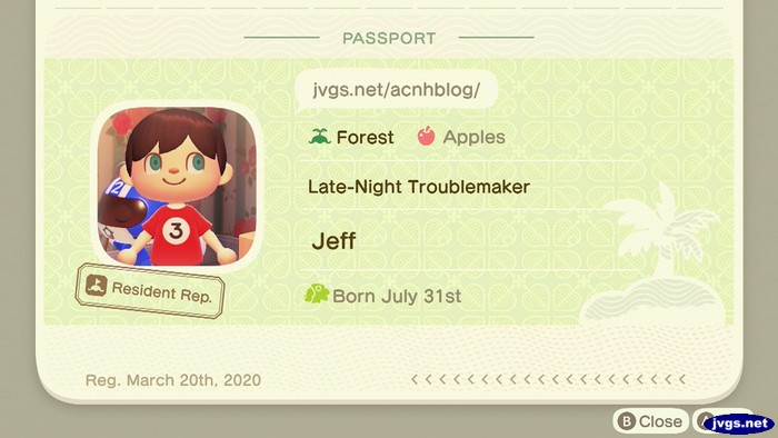 Jeff's Passport in Animal Crossing: New Horizons.