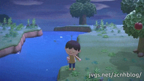 Animated GIF showing Jeff's fishing rod breaking after releasing a fish in Animal Crossing: New Horizons.