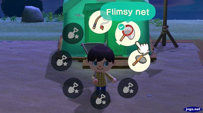 Using the tool ring to choose between tools in Animal Crossing: New Horizons.