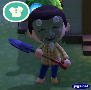 Jeff tries on the Elder mask in Animal Crossing: New Horizons.