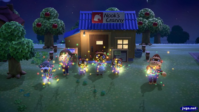 Ceremony for the grand opening of Nook's Cranny in Animal Crossing: New Horizons.
