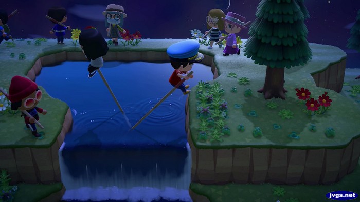 Vaulting across the waterfall in Animal Crossing: New Horizons.