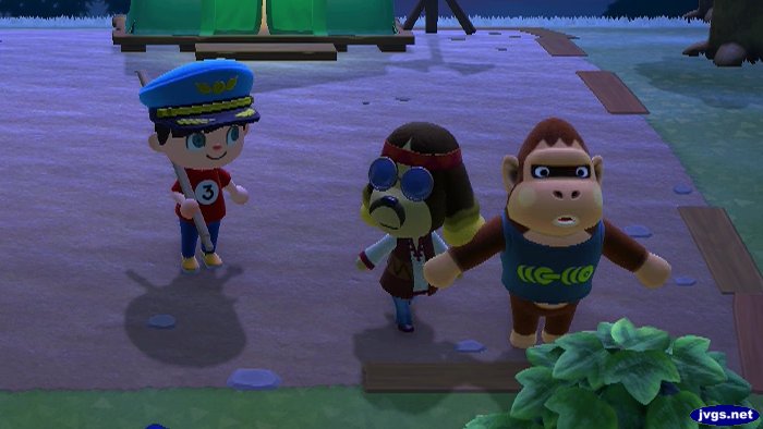 Louie does some stretches in the plaza in Animal Crossing: New Horizons.
