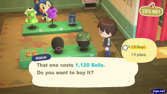 Mabel: That one costs 1,120 bells. Do you want to buy it? (I'll buy! - I'll pass.)