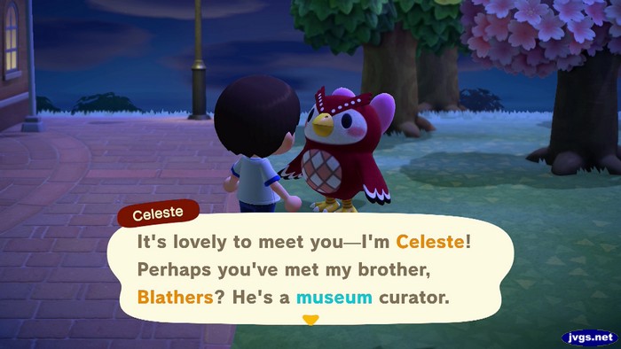Celeste: It's lovely to meet you--I'm Celeste! Perhaps you've met my brother, Blathers? He's a museum curator.