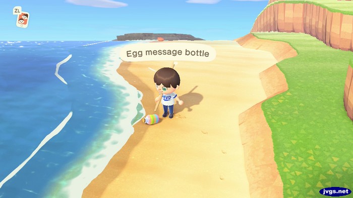 Jeff finds an egg message bottle on the beach in Animal Crossing: New Horizons.