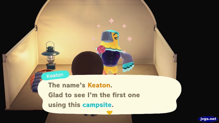 Keaton: The name's Keaton. Glad to see I'm the first one using this campsite.