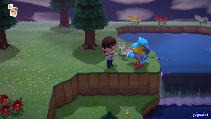 Keaton fishes off the waterfall in ACNH.