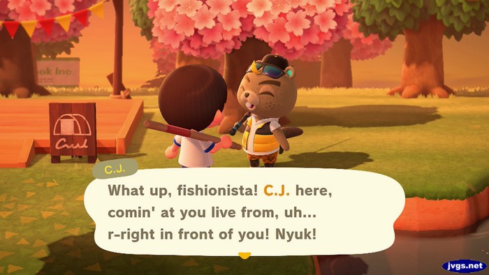 C.J.: What up, fishionista! C.J. here, comin' at you live from, uh... r-right in front of you! Nyuk!