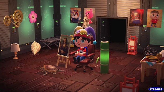 The dark-chocolates flooring and the (animated) laboratory wall in Animal Crossing: New Horizons (ACNH).